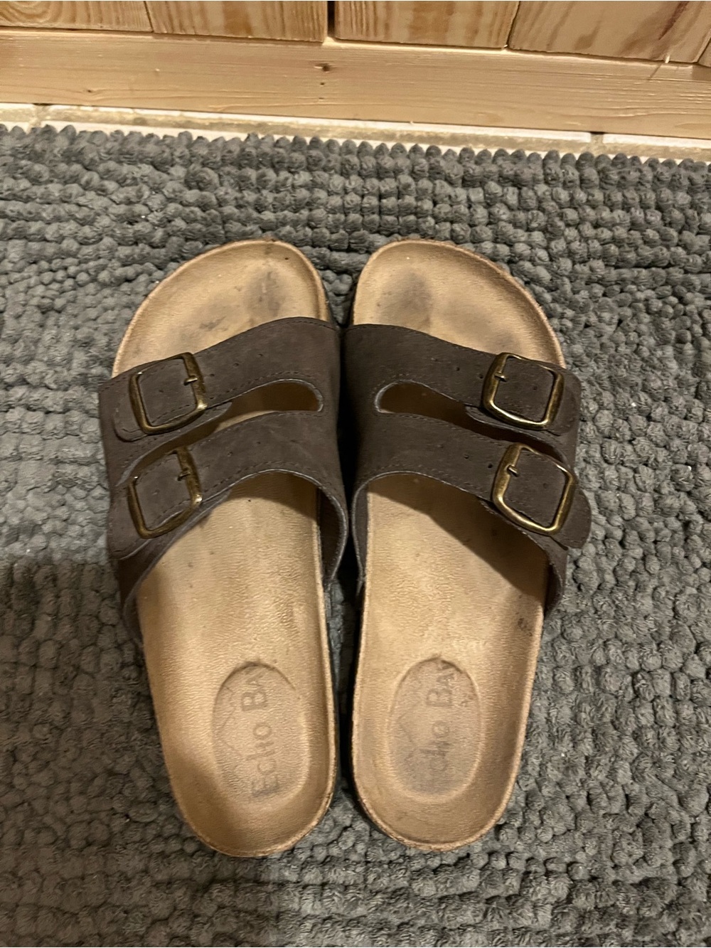 Double-Buckle Brown Slide Sandals